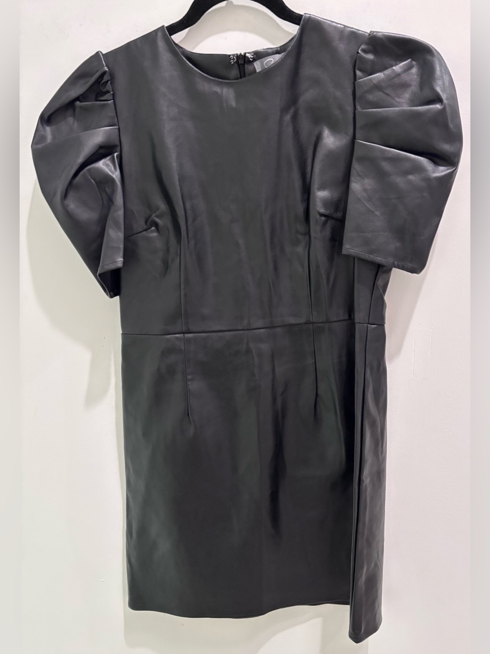 Women’s Black Faux Leather Mini Dress with Puff Sleeves